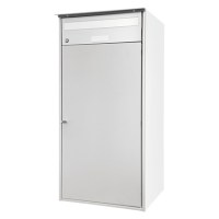 Briefkasten mit automatisch abschliessendem Paketfach aus Aluminium, pulverbeschichtet in weissaluminium RAL 9006